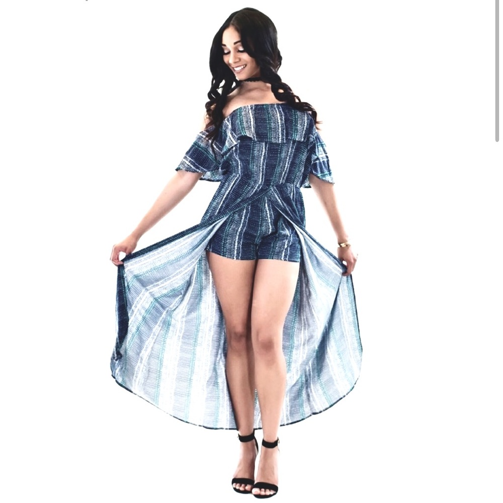 Illa Illa Blue Off Shoulder Romper with Maxi Overlay